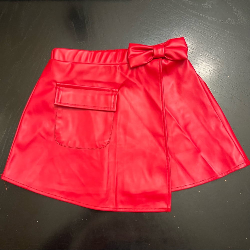 Faux Leather Mini Skirt Red Bow Flap Pocket Asymmetrical Shein Girl’s Size 5Y